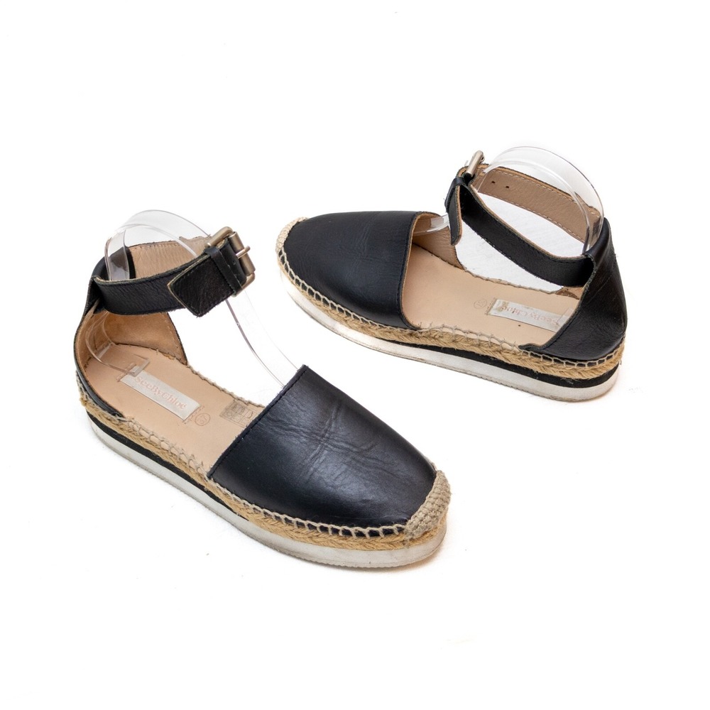 See By‎ Chloé Glyn Espadrille Sandals in Black Leather Ankle-Strap Size:EU37/US7